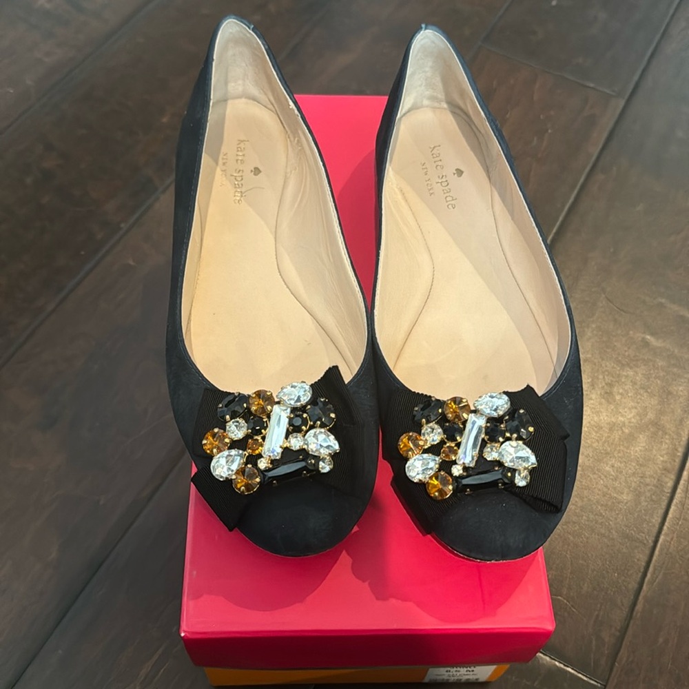 kate spade Black Jeweled Bow Flats